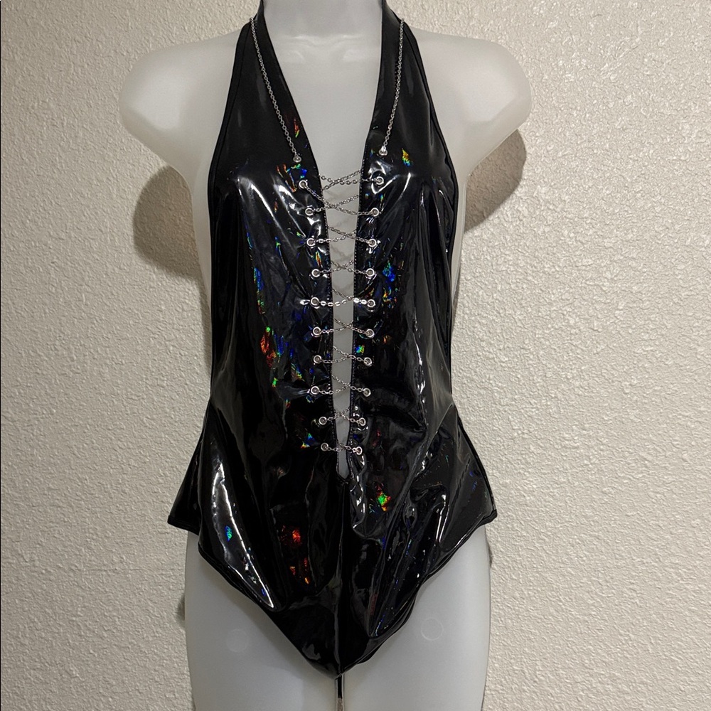 Black Halter Bodysuit with Silver Accents
